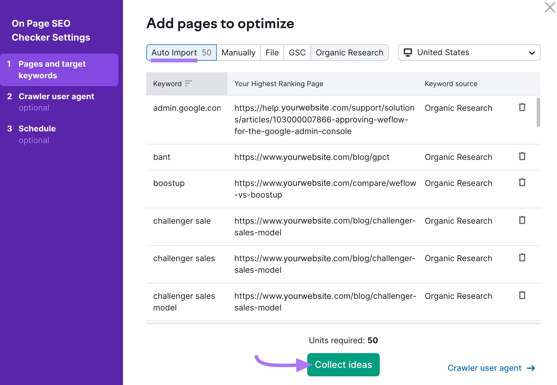 "Add pages to optimize" window in On Page SEO Checker Settings