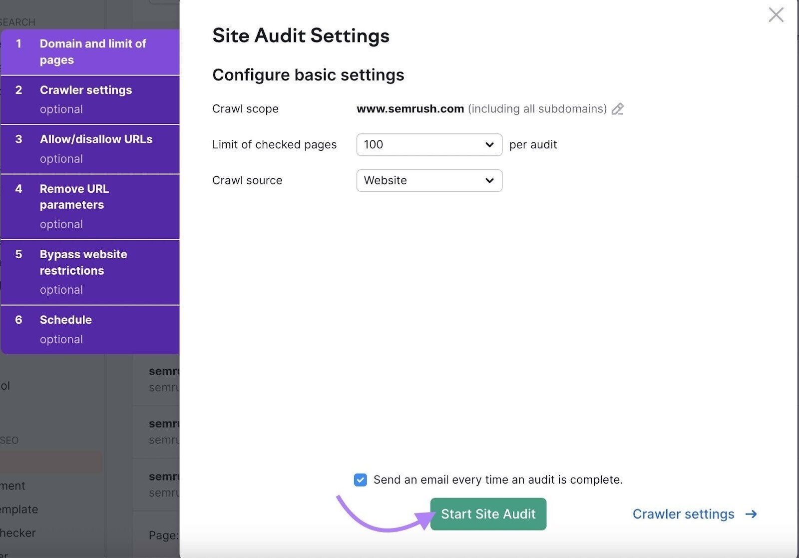 "Site Audit Settings" page