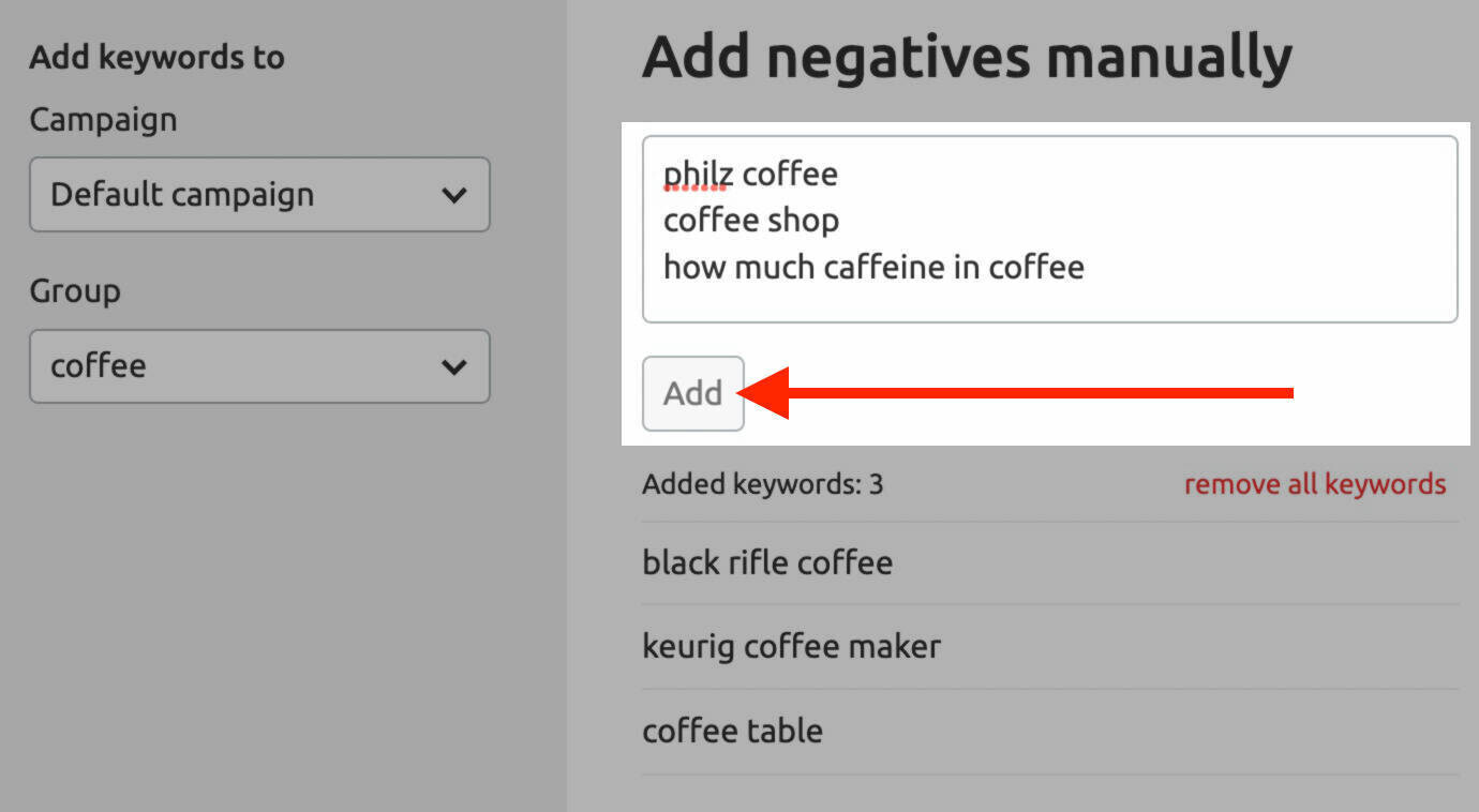 adding negative keywords manually