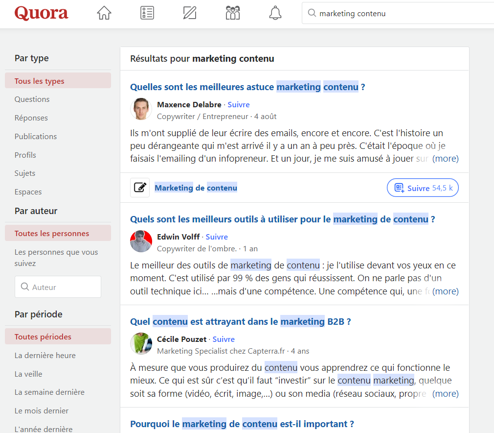 Puiser des idées de contenu dans Quora