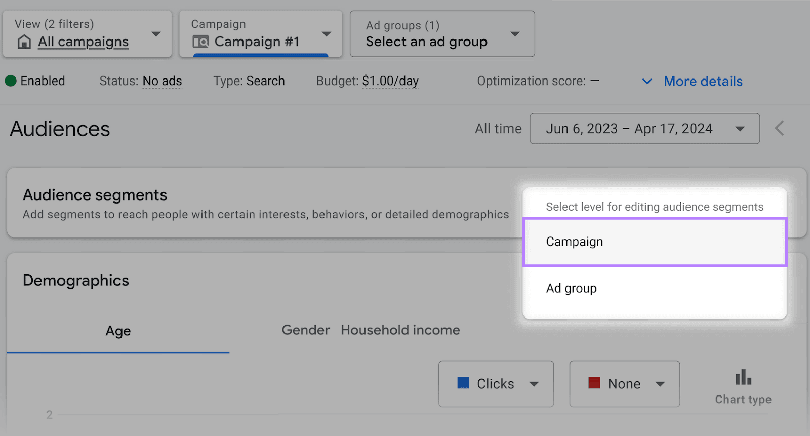 "Campaigns" option selected from the pop-up