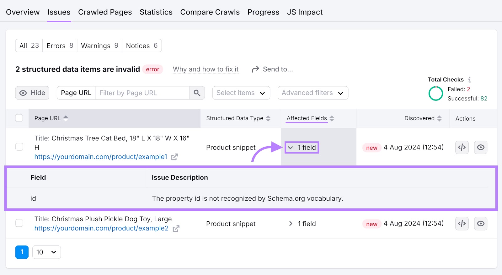 "2 structured data items are invalid" report with the "Affected fields" column and the item error highlighted.