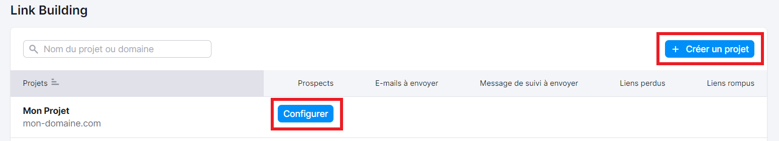 Link building Tool, créer et configurer un projet