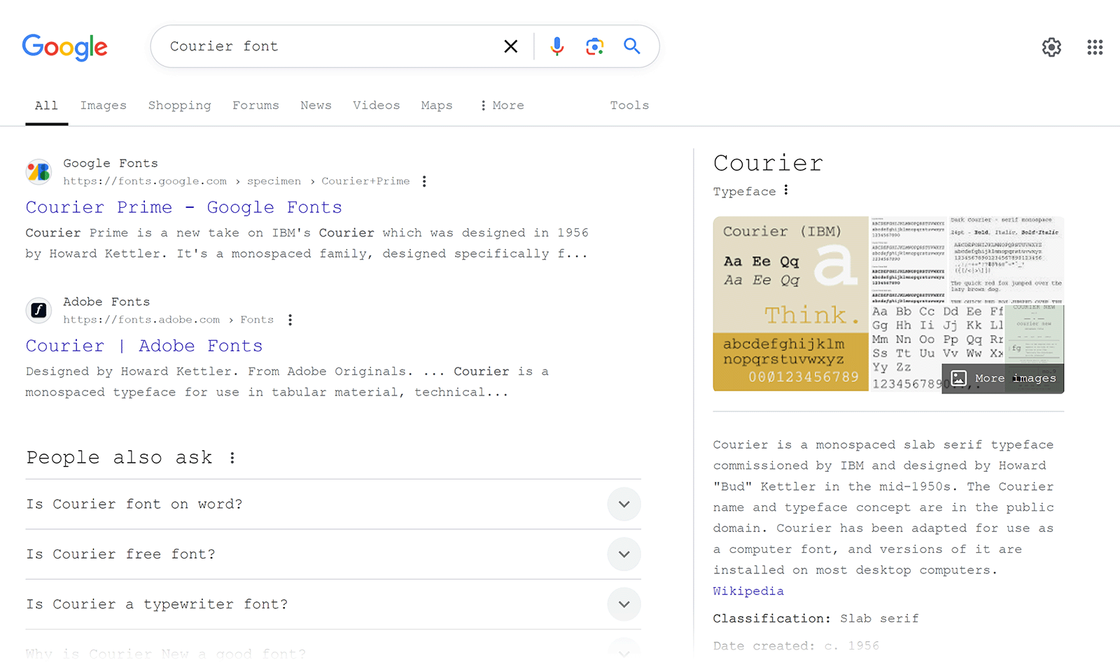 Google SERP for 'Courier font'