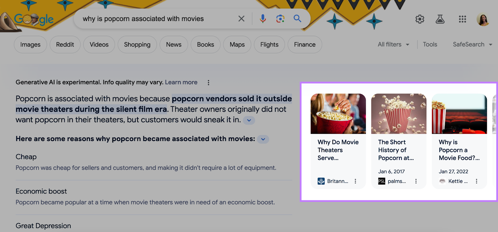 Tiga tautan disorot di sisi kanan cuplikan untuk kueri "mengapa popcorn dikaitkan dengan film".