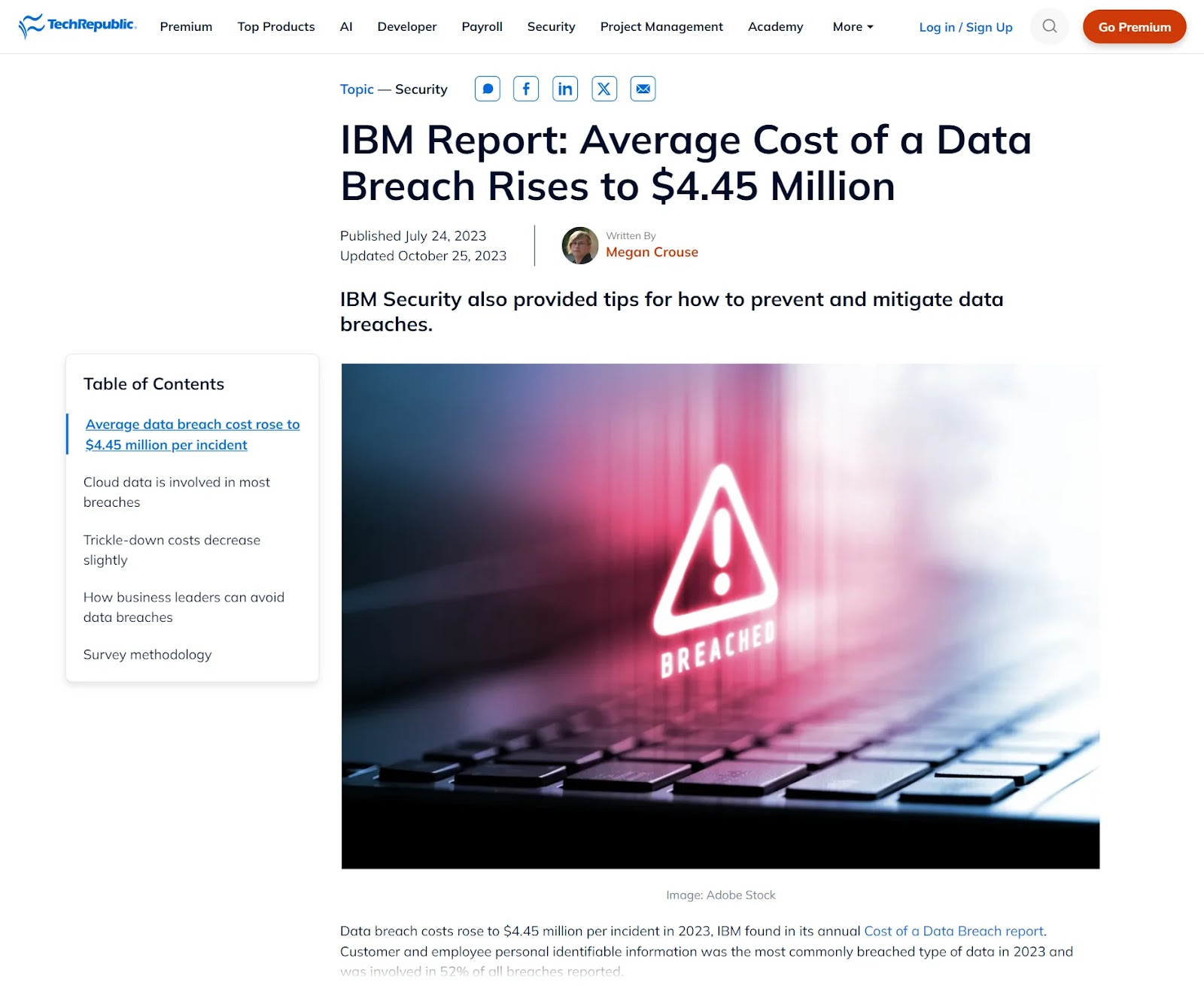 TechRepublic's article on IBM’s Cost of a Data Breach Report