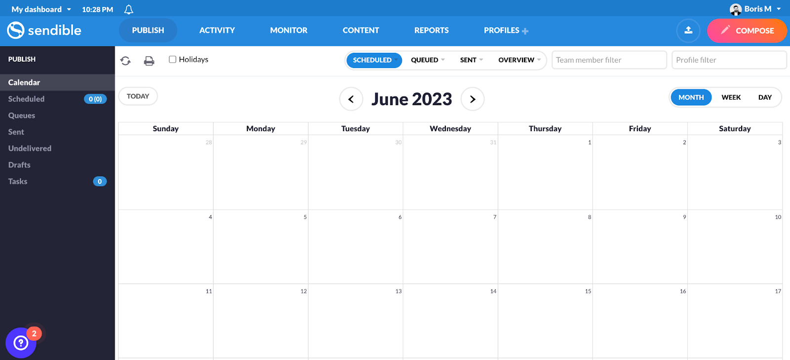 content calendar in Sendible