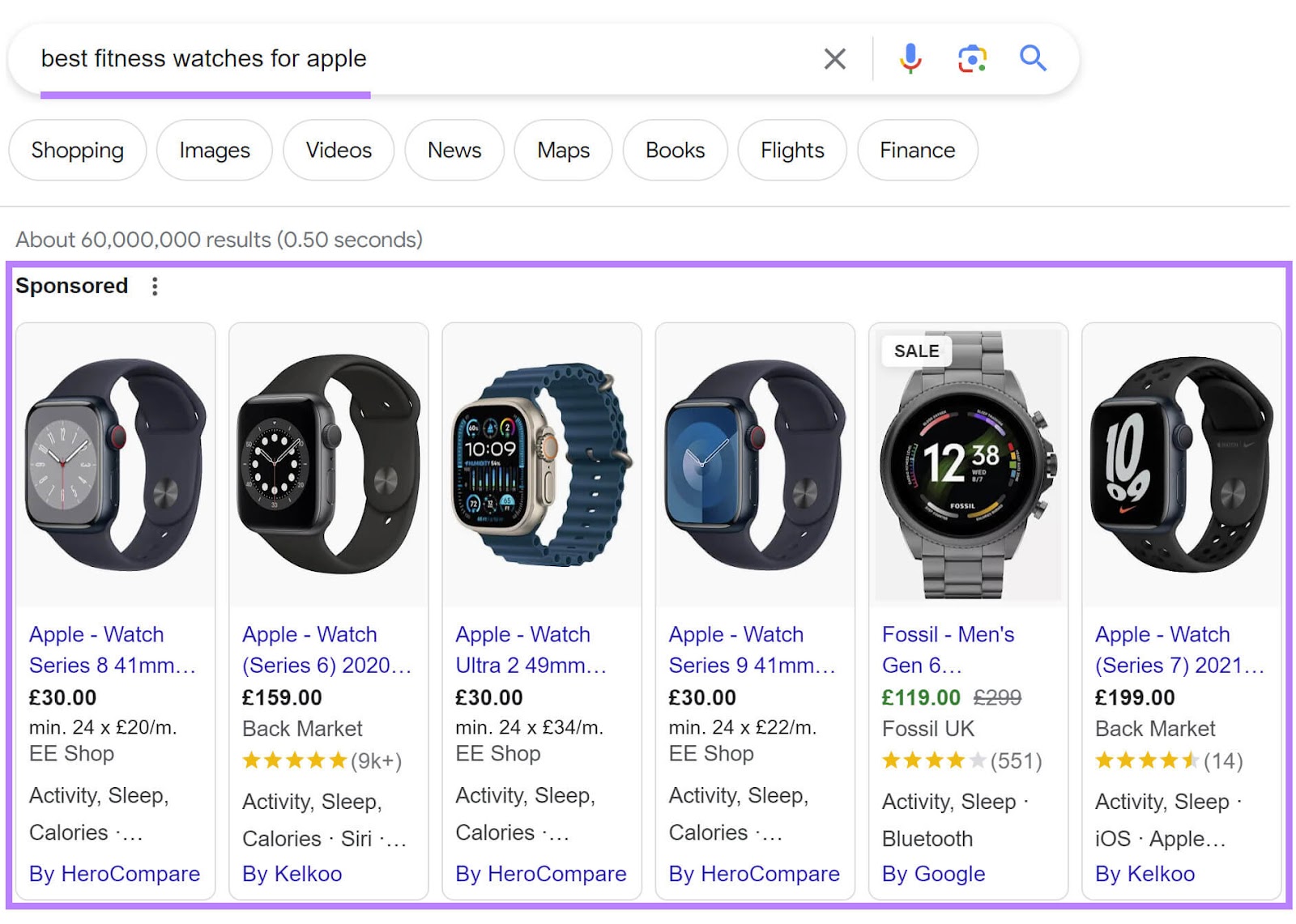 Google ads shown for “best fitness watches for Apple" query