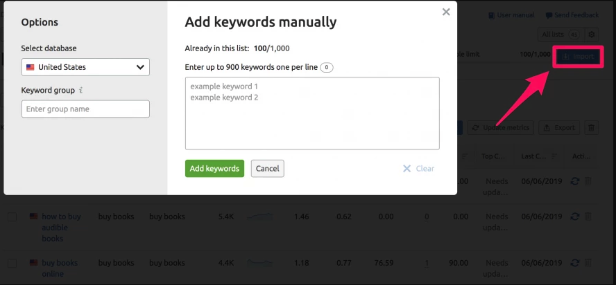 Novedades SEMrush Agosto 2019 - Importación de palabras clave