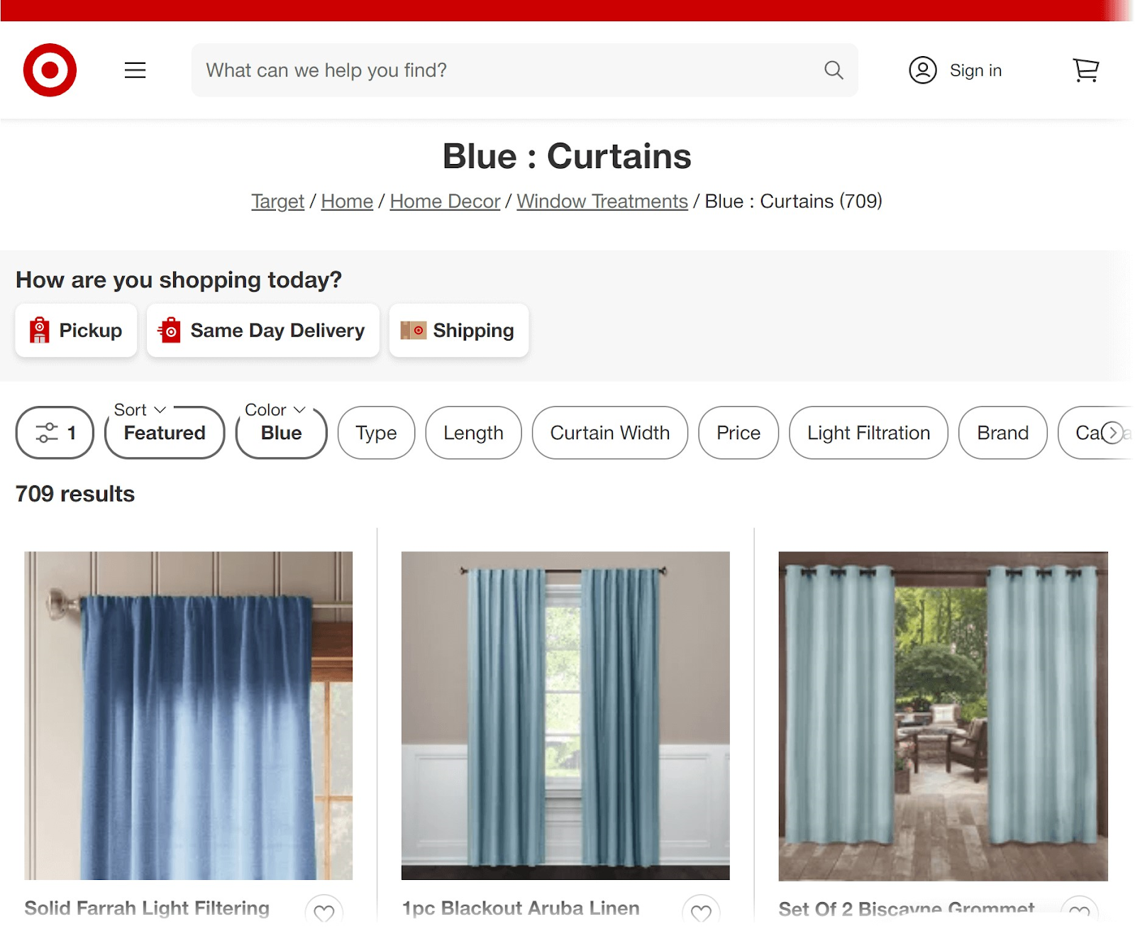 top ranking pages for “blue curtains”