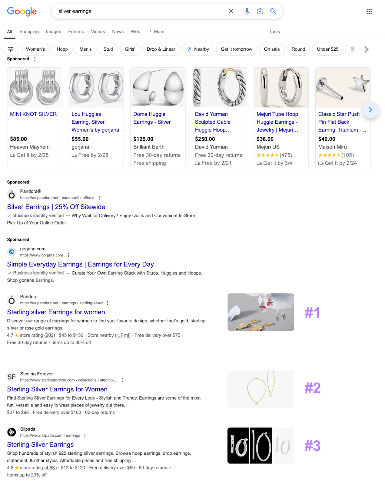 In a Google search for "silver earrings," we see sponsored products, paid search results, and the top three organic results.