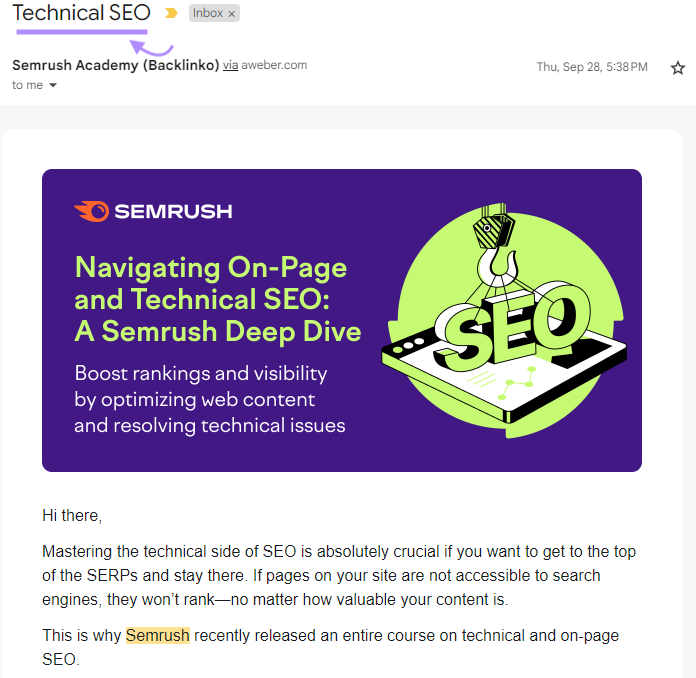 An email by Semrush titled "Technical SEO"