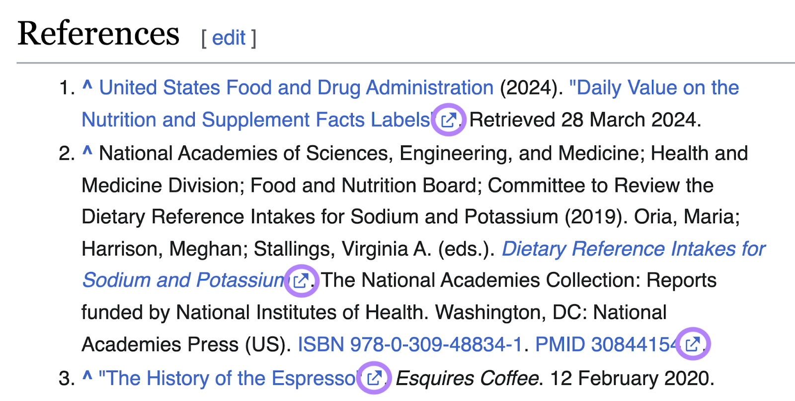 External link icons appear next to the name of the source and are highlighted in a Wikipedia page's References section