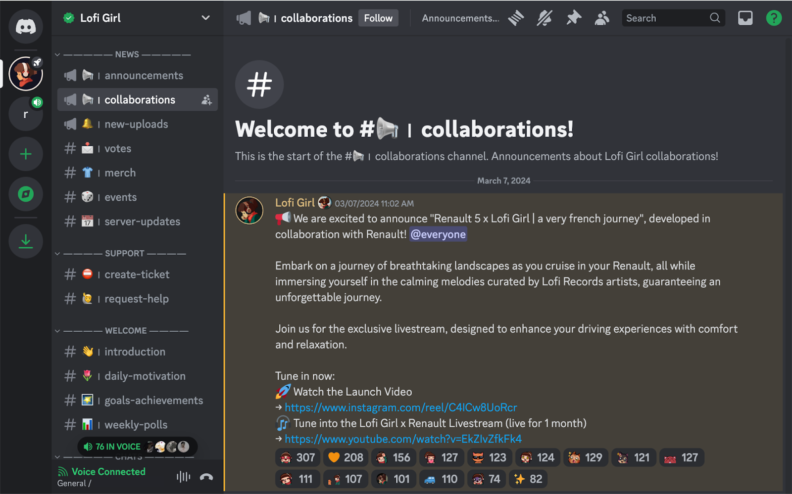 discord user interface of a server for a music channel which has various conversation threads