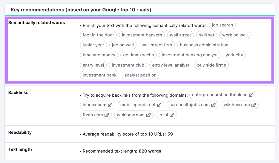 “Key recommendations” section in SEO Content Template