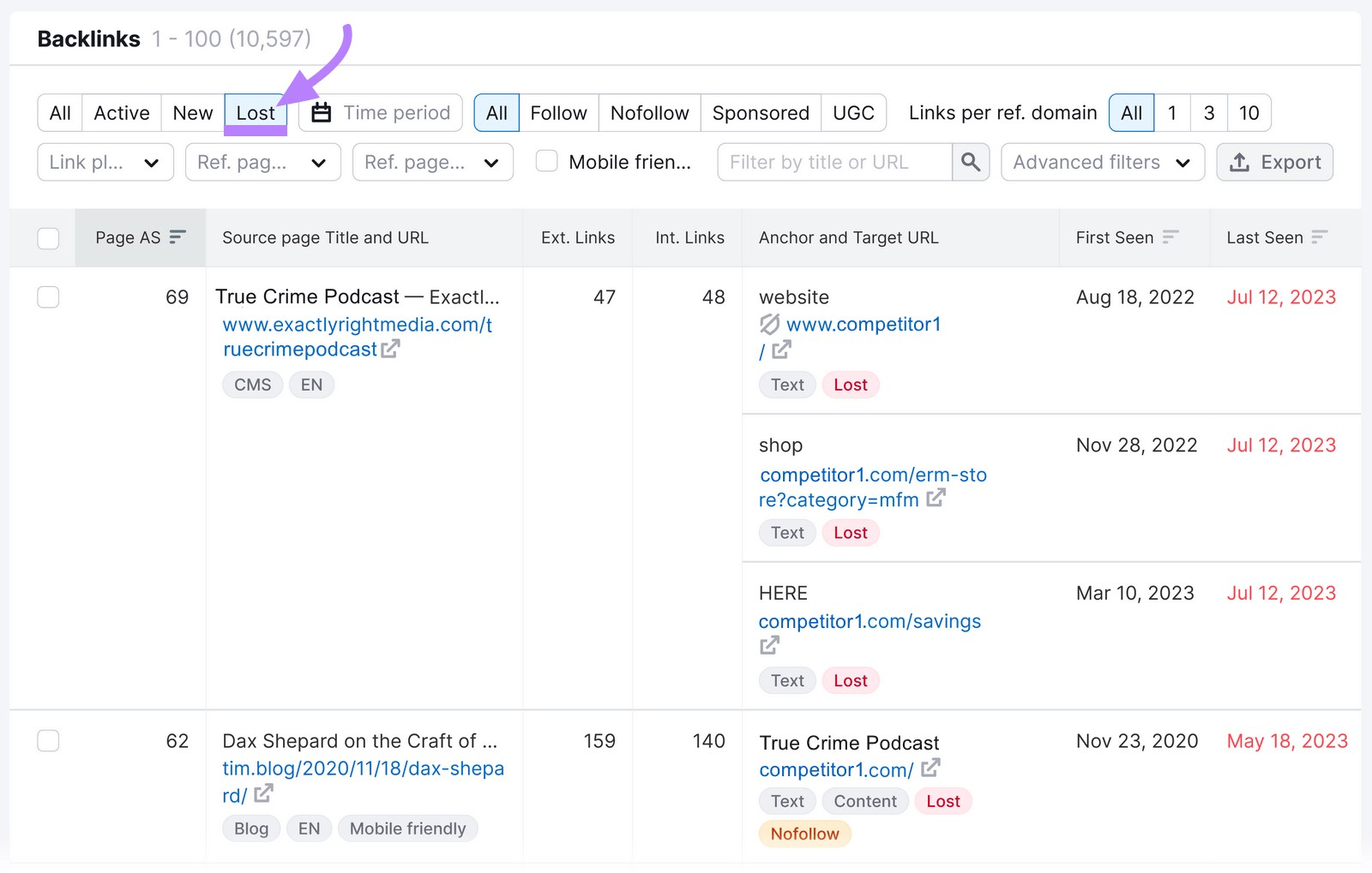 "Lost" tab in the Backlink Analytics tool