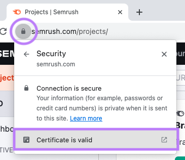 "Certificate is valid” highlighted under padlock drop-down menu