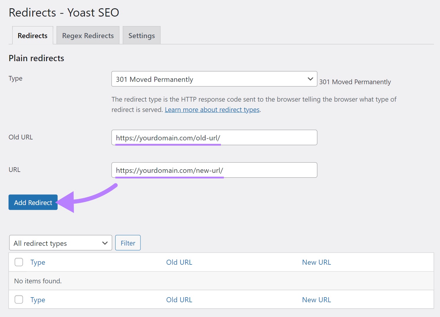 "Redirects - Yoast SEO" page