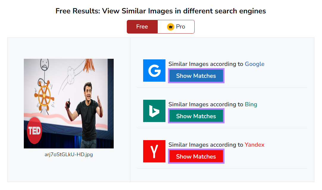 Small SEO Tools showing similar image result buttons that link to Google, Bing, and Yandex