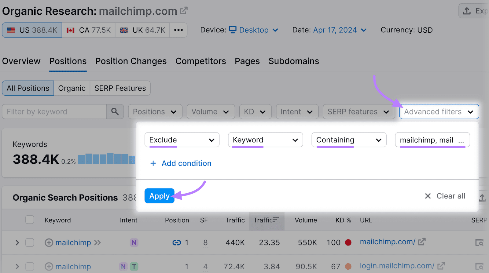 Organic Research Positions tab showing the option to apply advanced filters to exclude keywords containing the brand name.