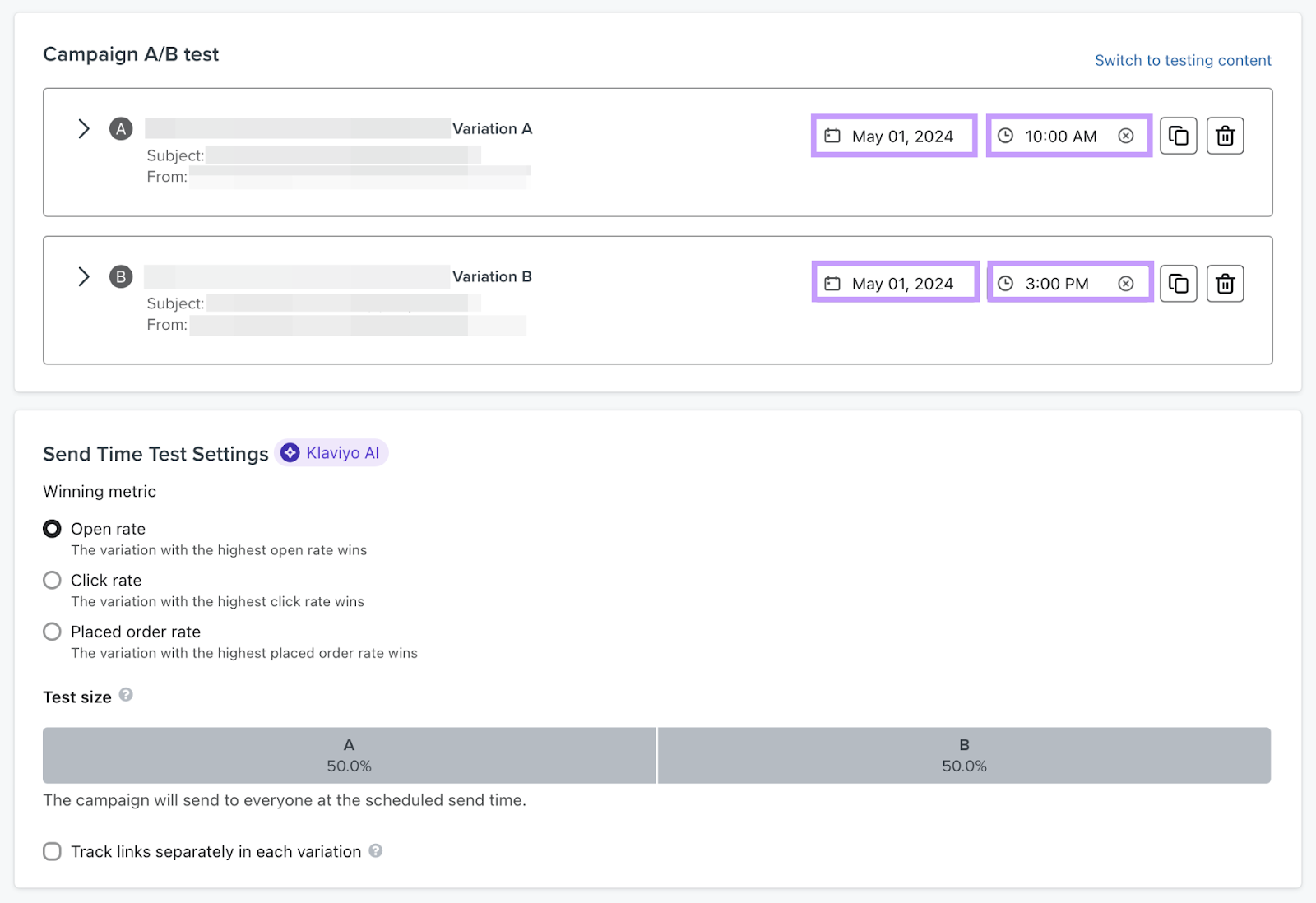 Klaviyo email marketing A/B test interface s،wing the option to split test different sending times.