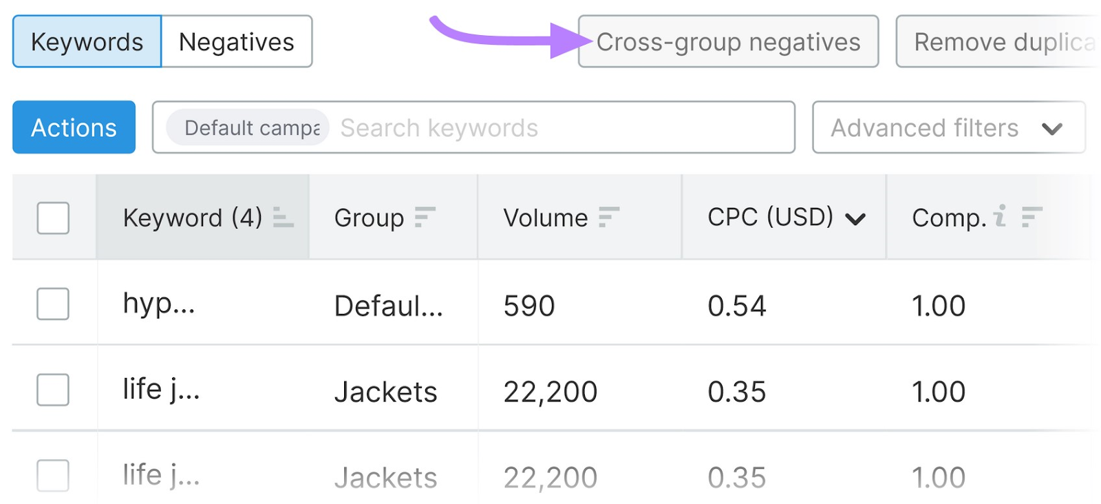 “Cross-group negatives” button selected