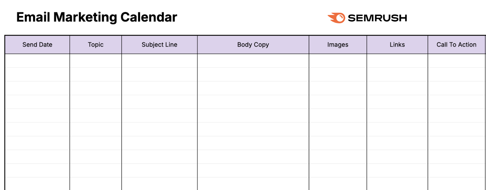 A blank email marketing calendar template.