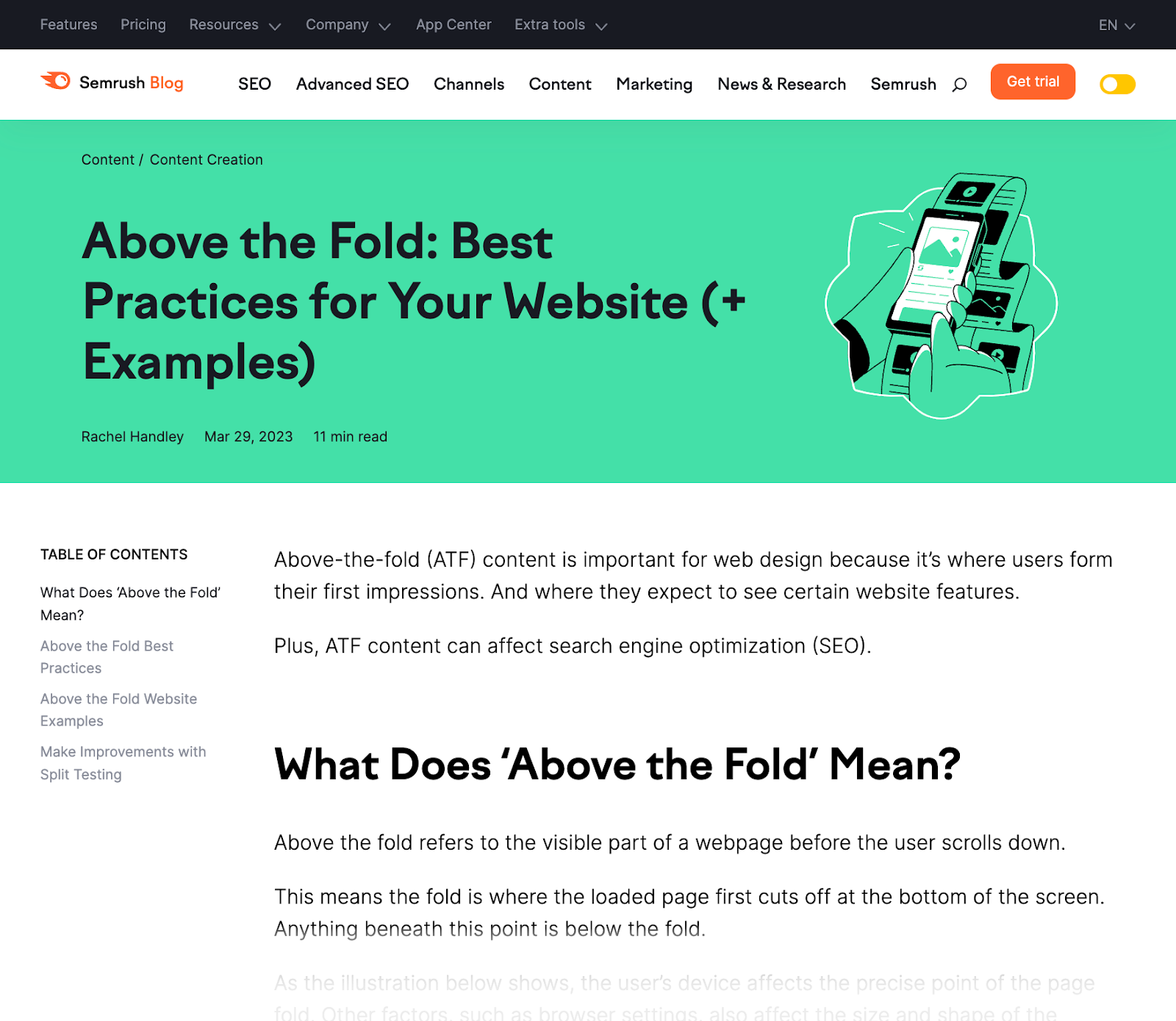 an article from Semrush about the above the fold content, s،wing ،ile, table of contents and other relevant information at the top of the page