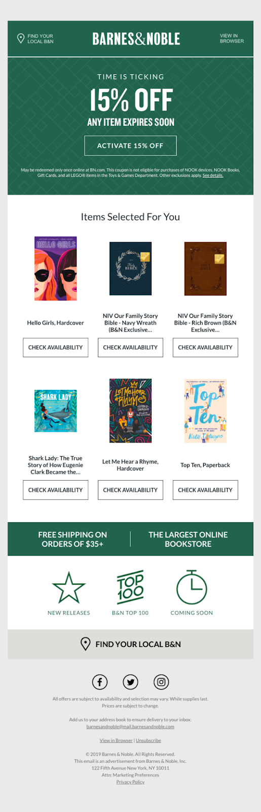 Barnes and Noble's email offering 15% off and suggesting the items for the user