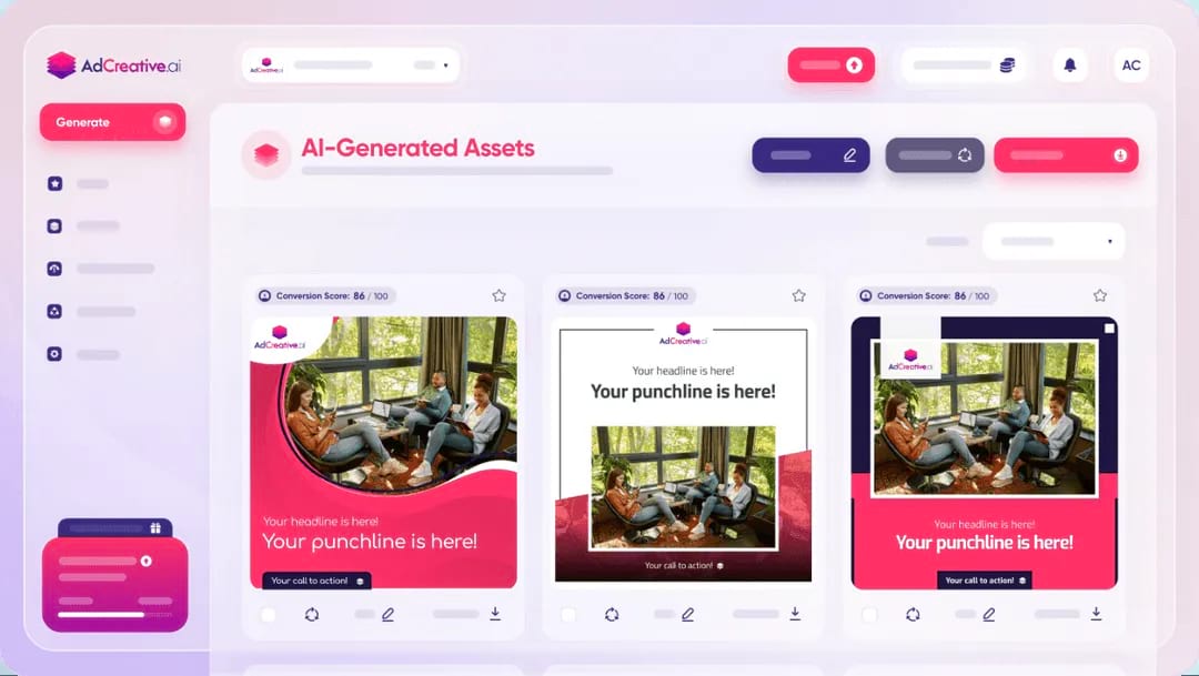 "AI-Generated Assets" section of AdCreative.ai dashboard
