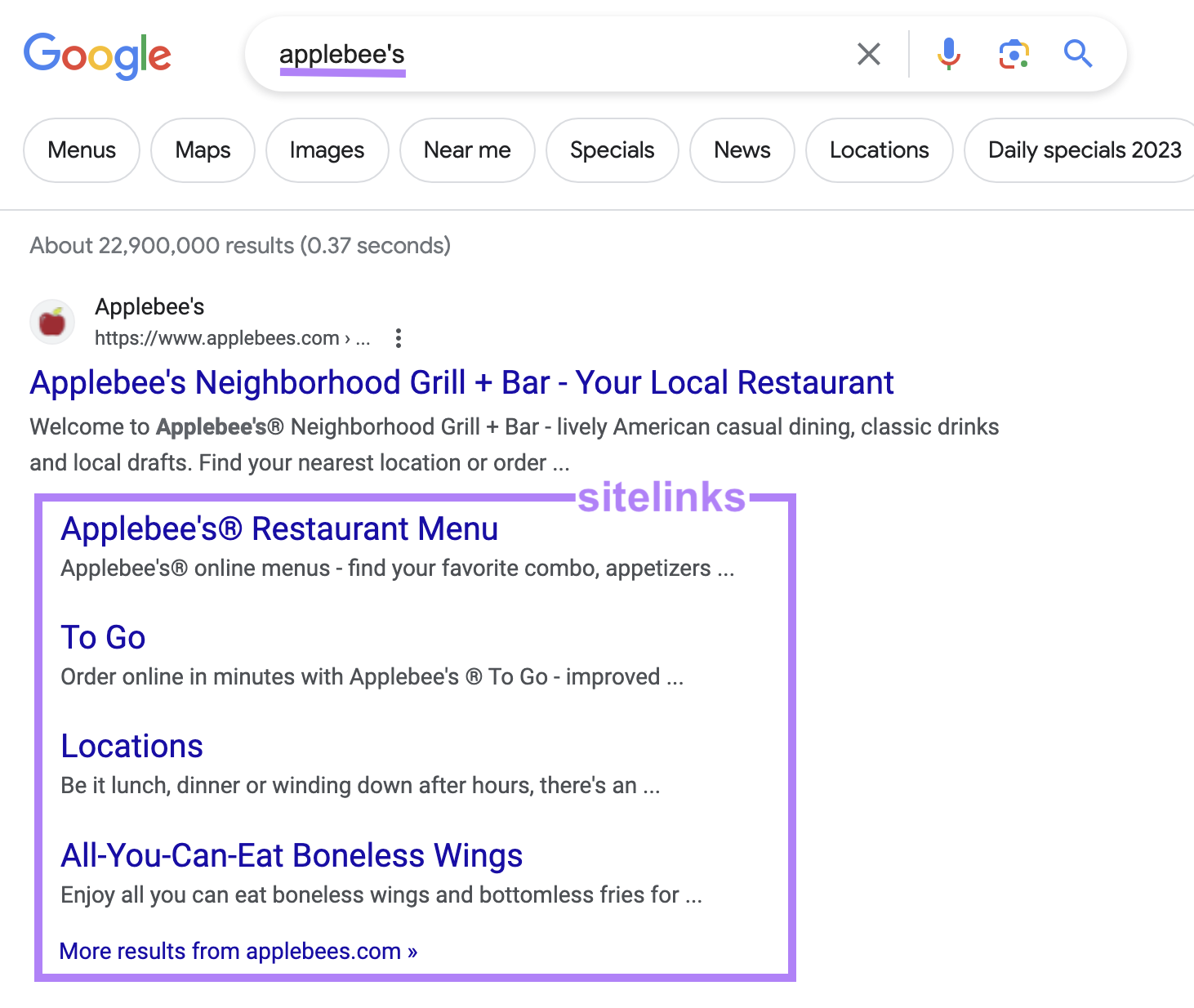 Site Web d'Applebee sur Google SERP