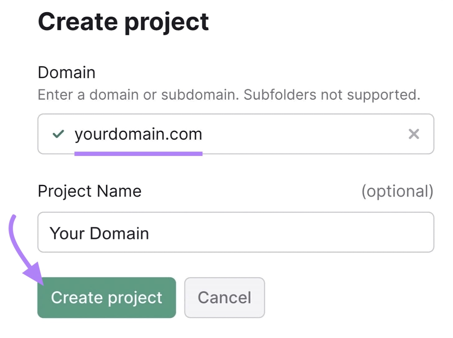 "Create project" pop-up window in Site Audit tool