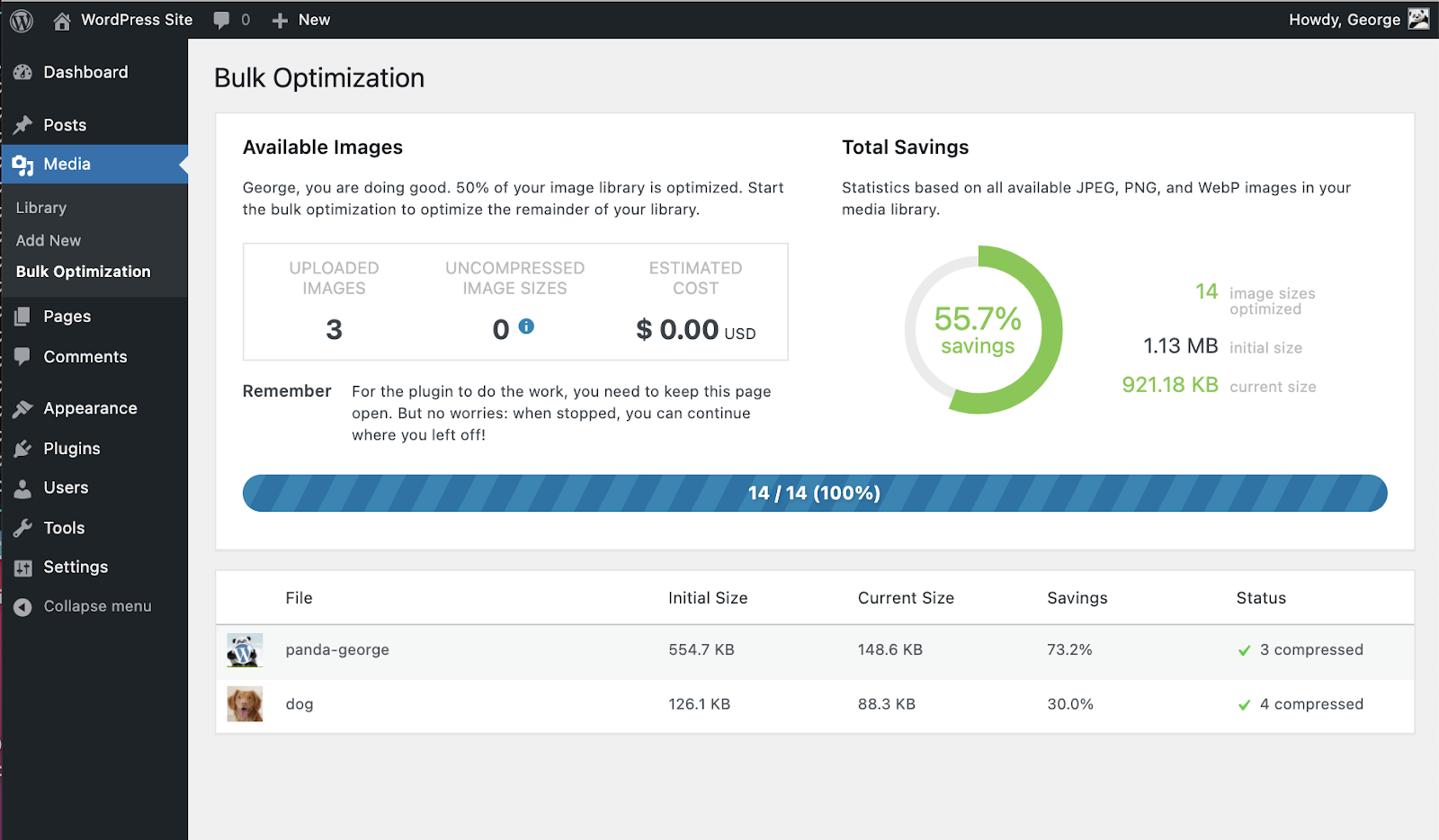 Cuántas imágenes has subido en el plugin de optimización de imágenes.