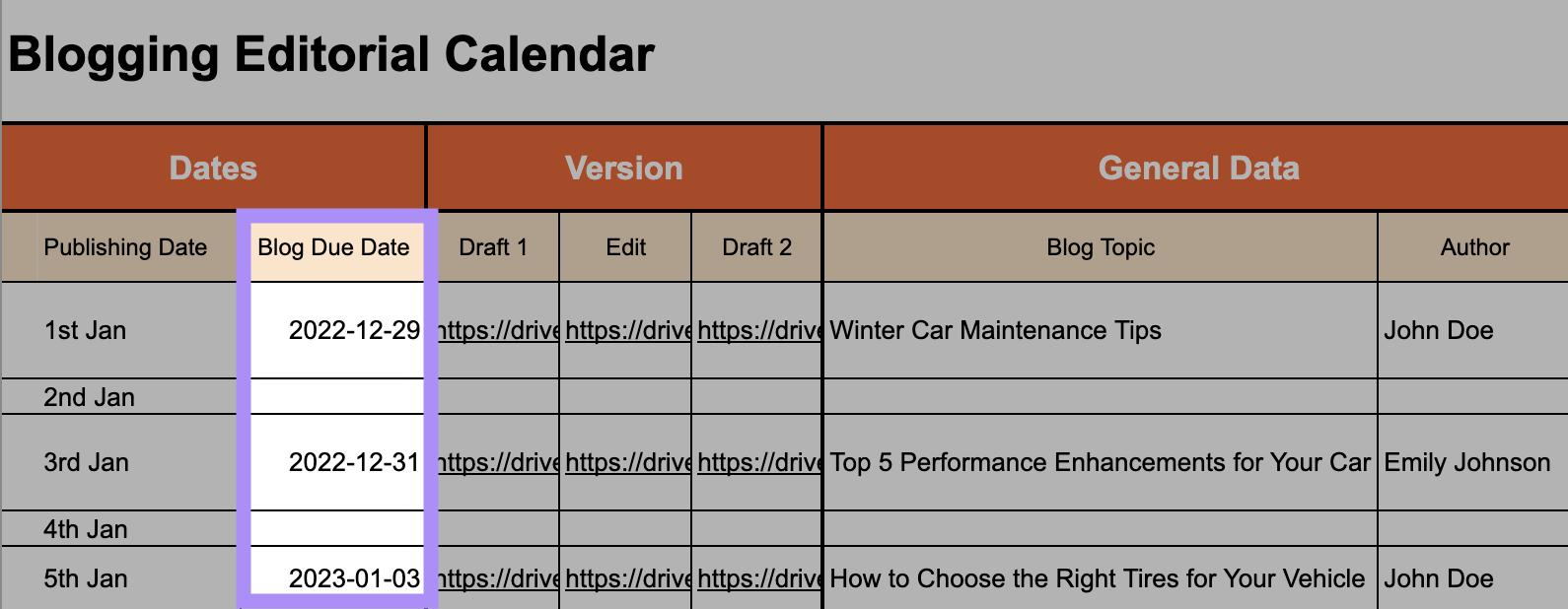“Blog Due ****” column highlighted in blog calendar