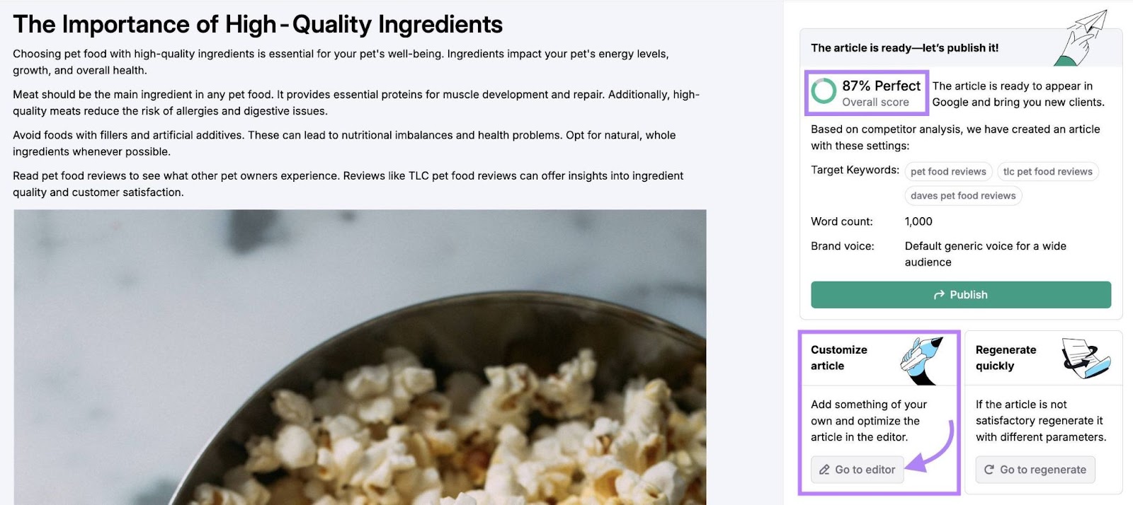 Article generated on ContentShake AI with the overall article score and the "Customize article" sections highlighted.