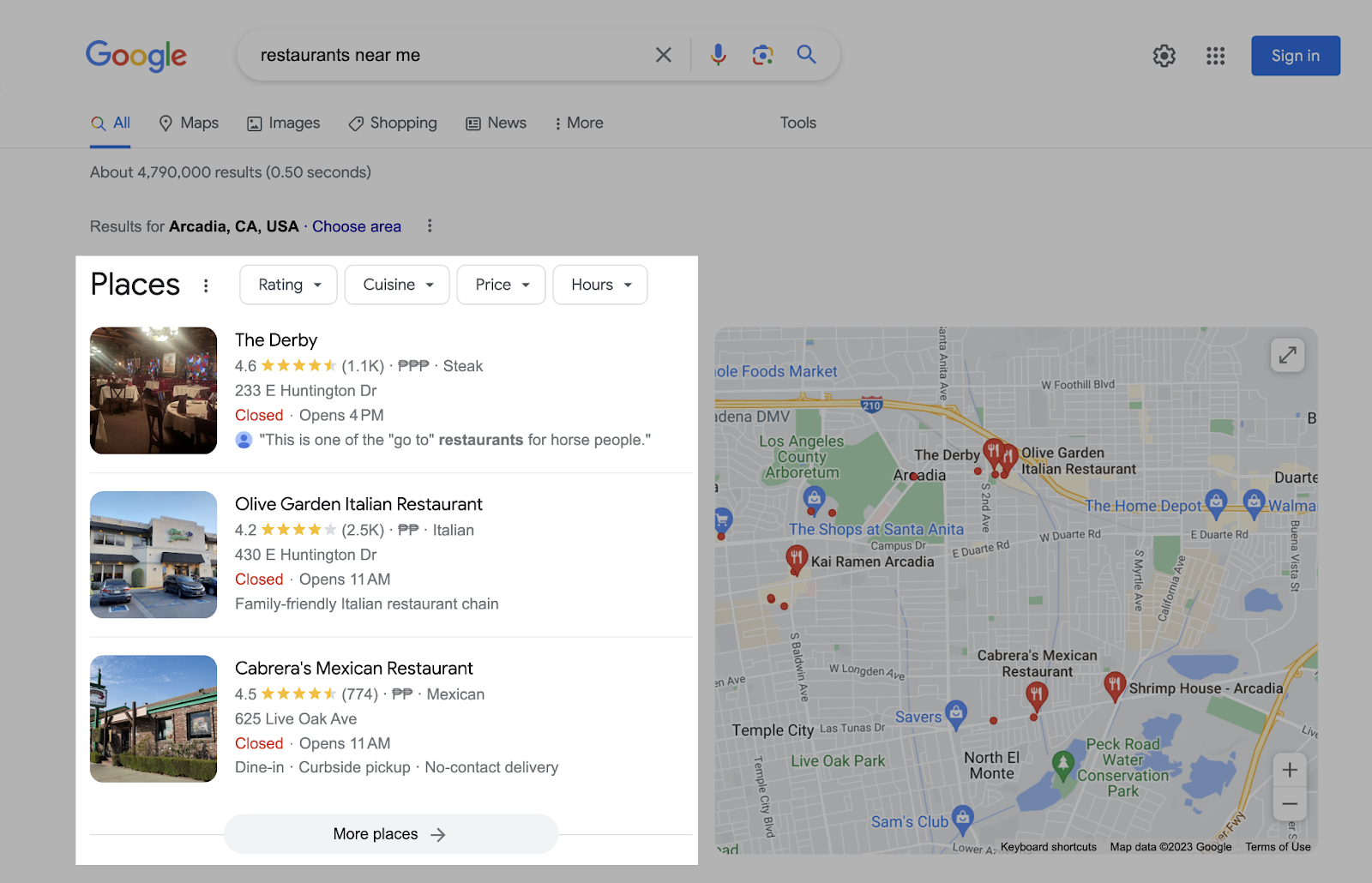 Google Map Pack results for "restaurants near me"