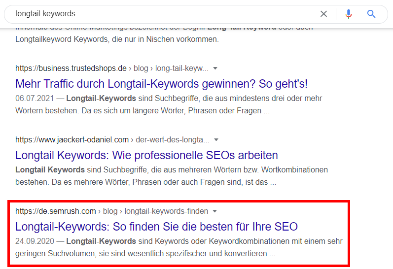 Screenshot: Google-Suchergebnis für 'Longtail-Keywords'