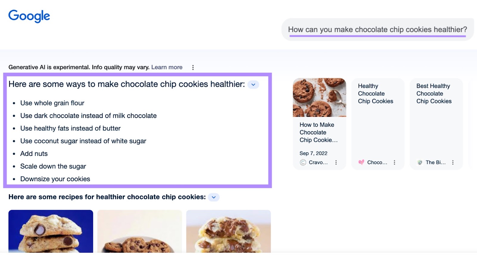 Google SGE for follow-up question "How can you make chocolate chip cookies healthier?"