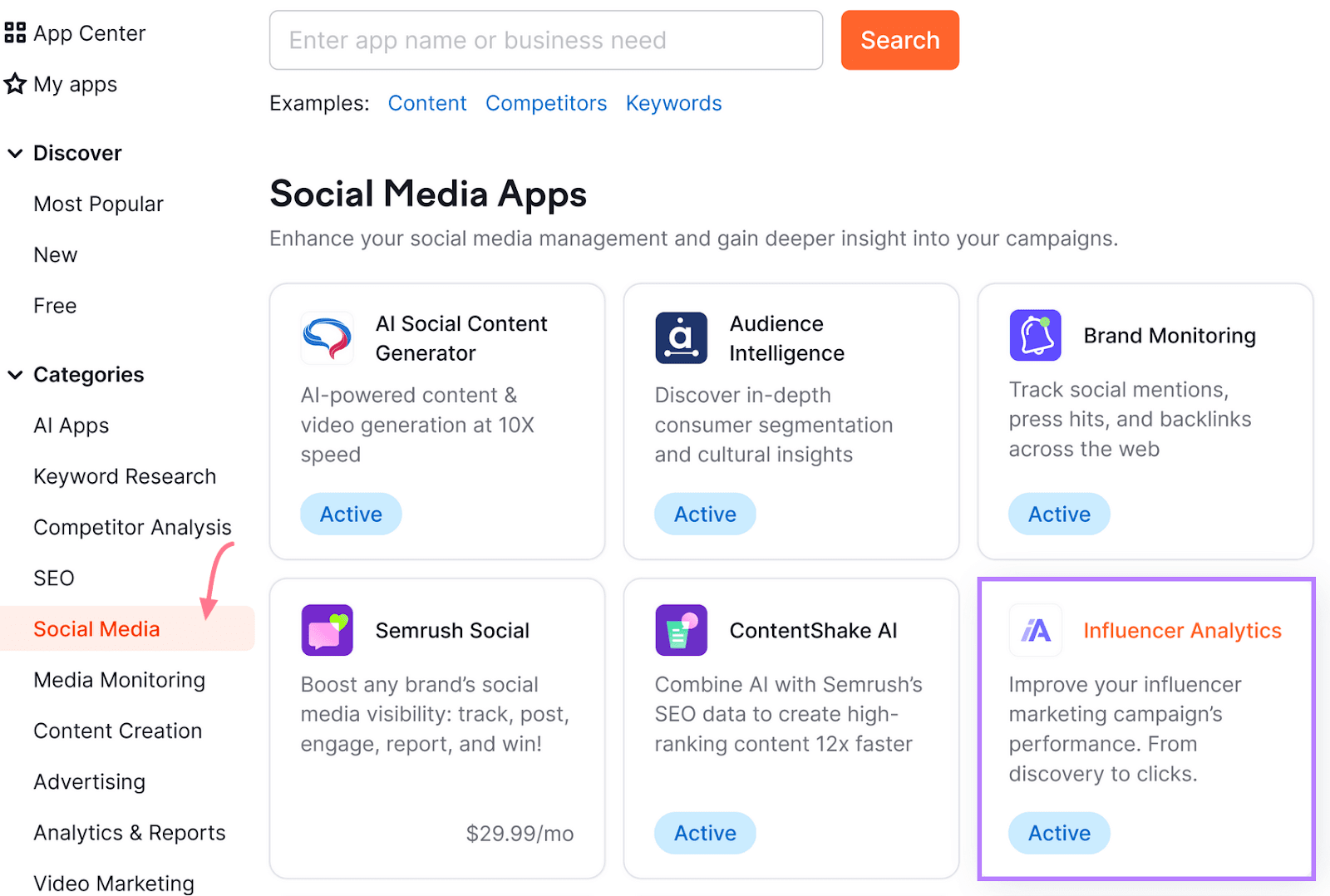 App tiles in Semrush's App Center, with "Influencer Analytics" highlighted with a purple box.