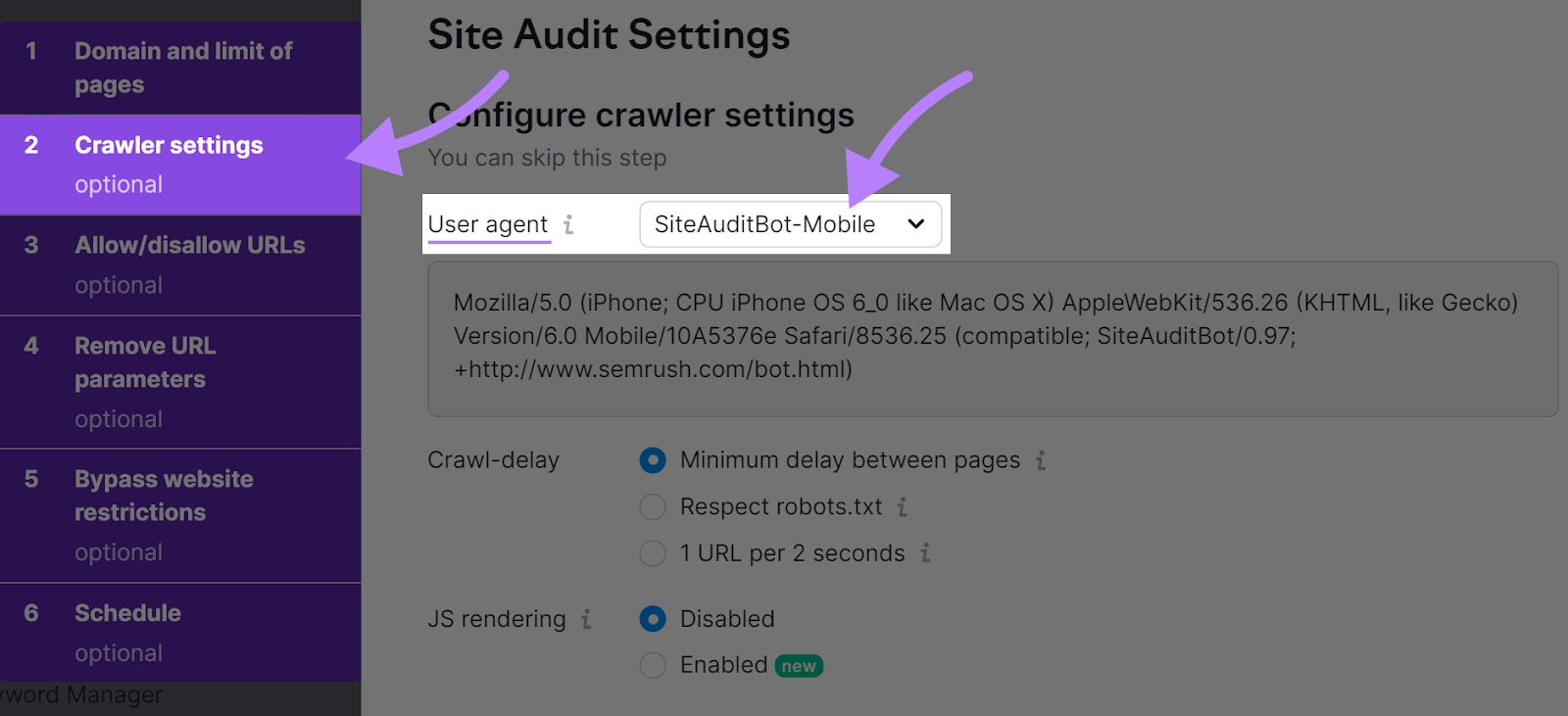 “User agent” set to “SiteAuditBot-Mobile” in Site Audit “Crawler settings”