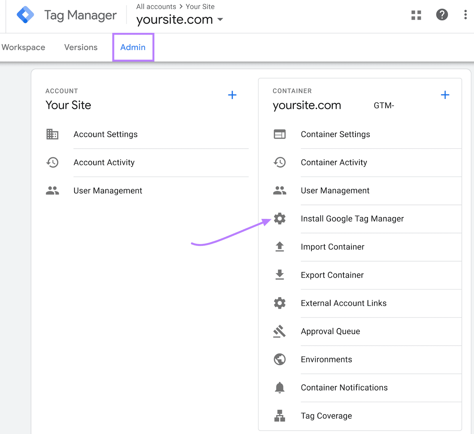 Google Tag Manager Admin page