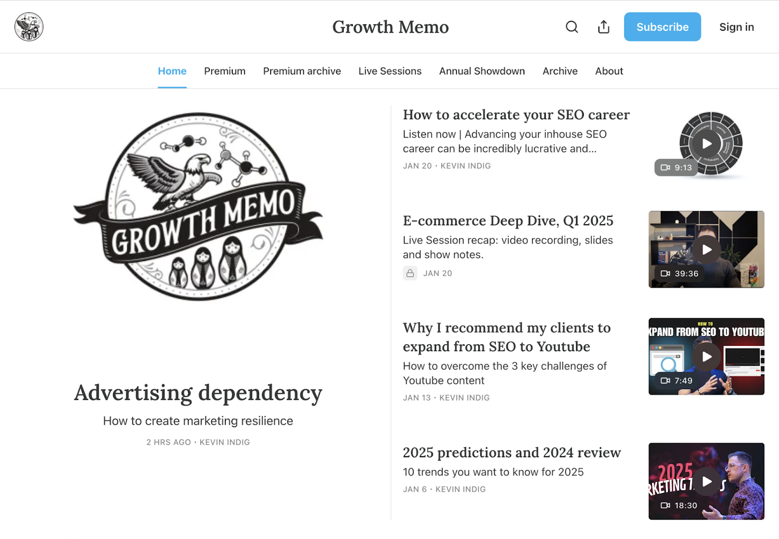 Growth Memo SEO blog features articles about SEO careers, expanding from SEO to YouTube, and how to create marketing resilience.