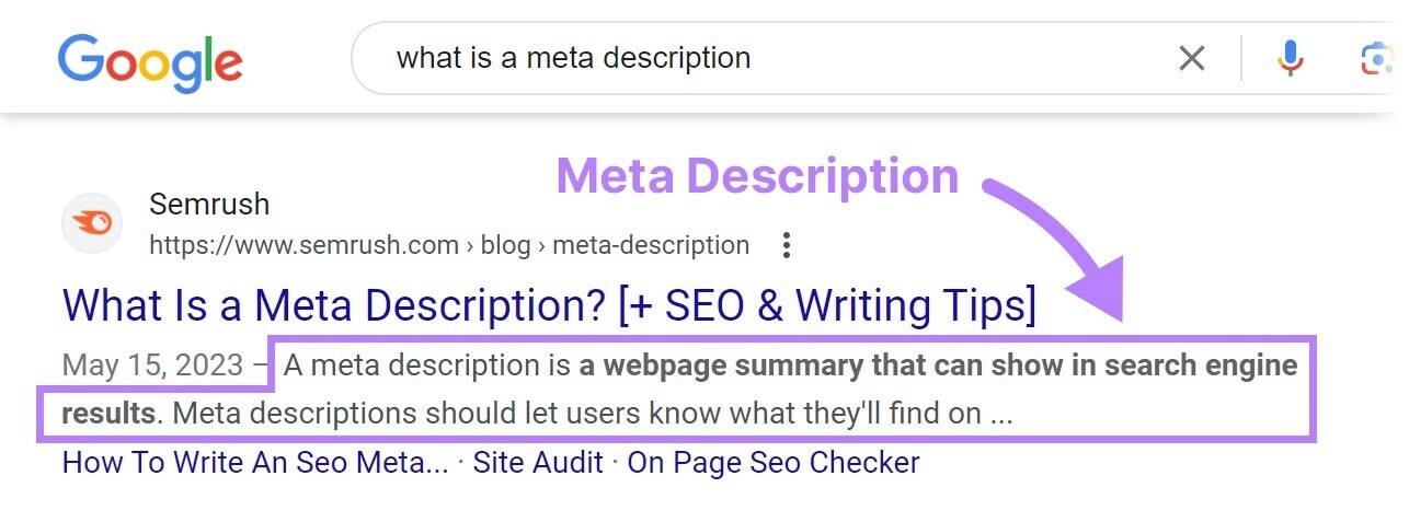 Google search for "what is a meta description" with Semrush's blog meta description highlighted