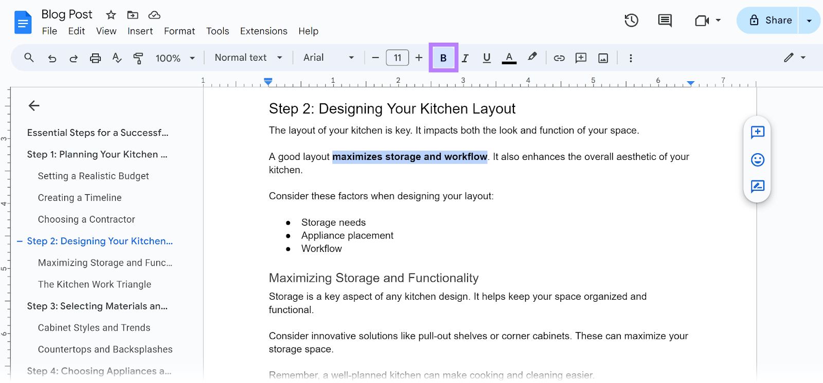 Bold text selected in Google docs and Bold format button highlighted.