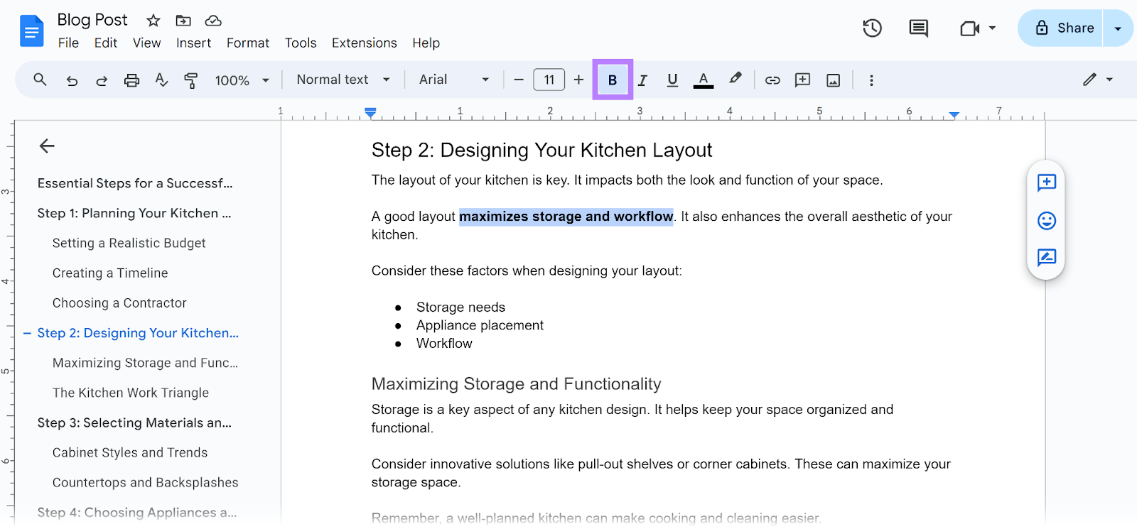 Bold substance   selected successful  Google docs and Bold format fastener  highlighted.