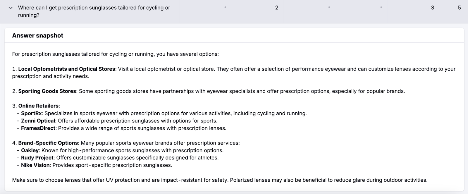 Suivi de la visibilité ChatGPT AI Visibility Toolkit : instantané de la réponse