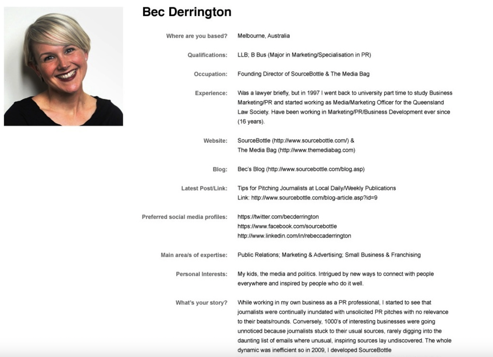 A professional profile from SourceBottle with a portrait on the left and detailed textual information on the right.