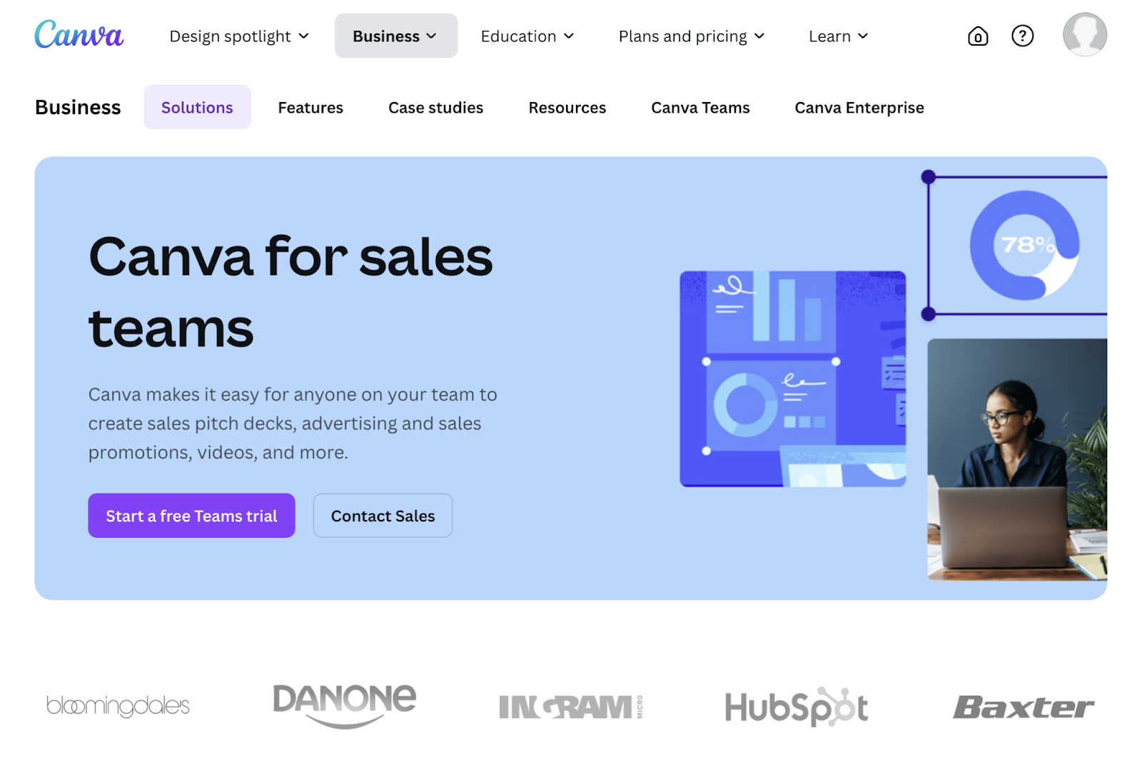 A landing page for sales teams talks about a free Teams trial and how the brand can help this specific audience.