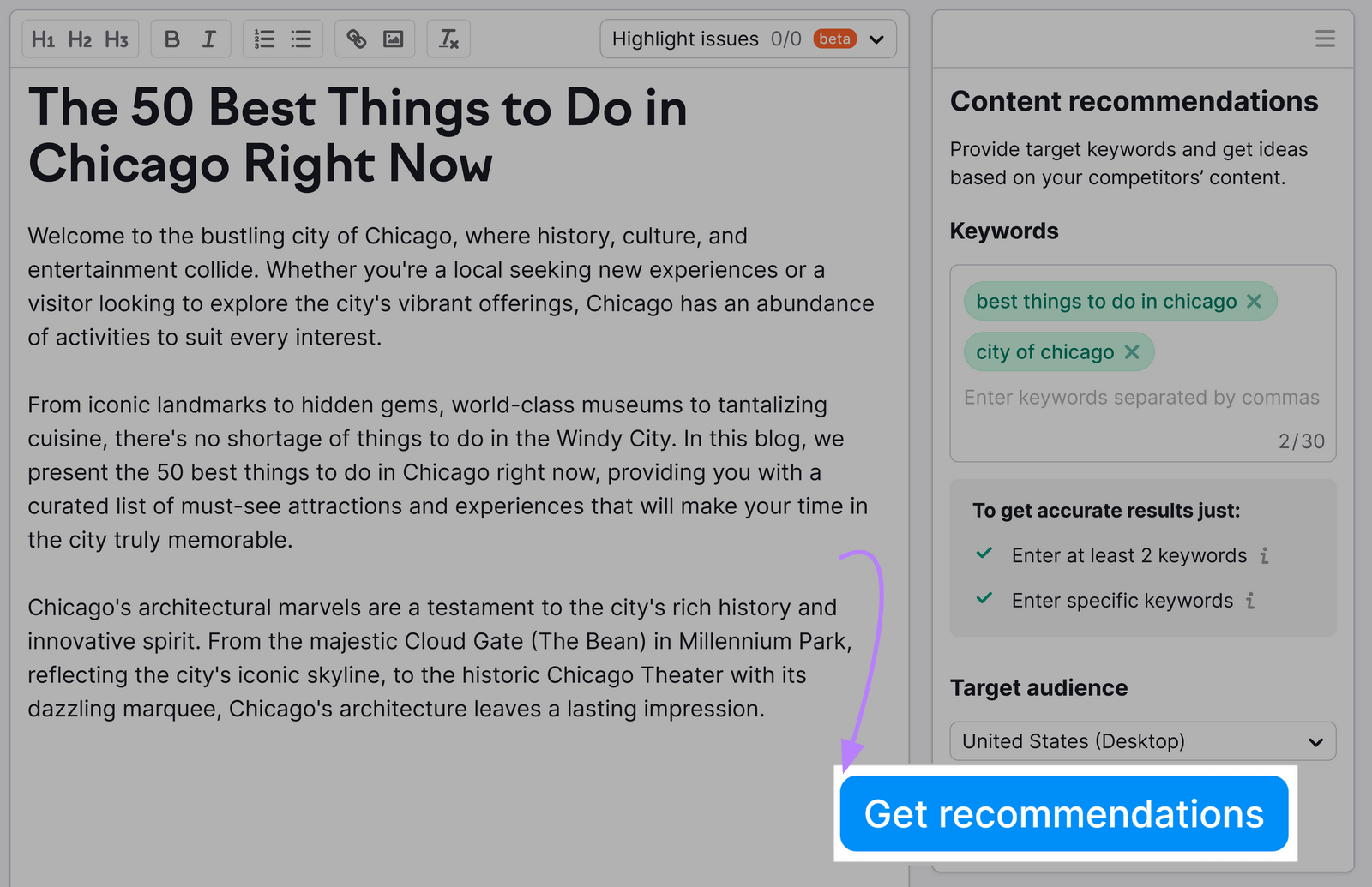 "Get recommendations" button highlighted in Semrush’s SEO Writing Assistant