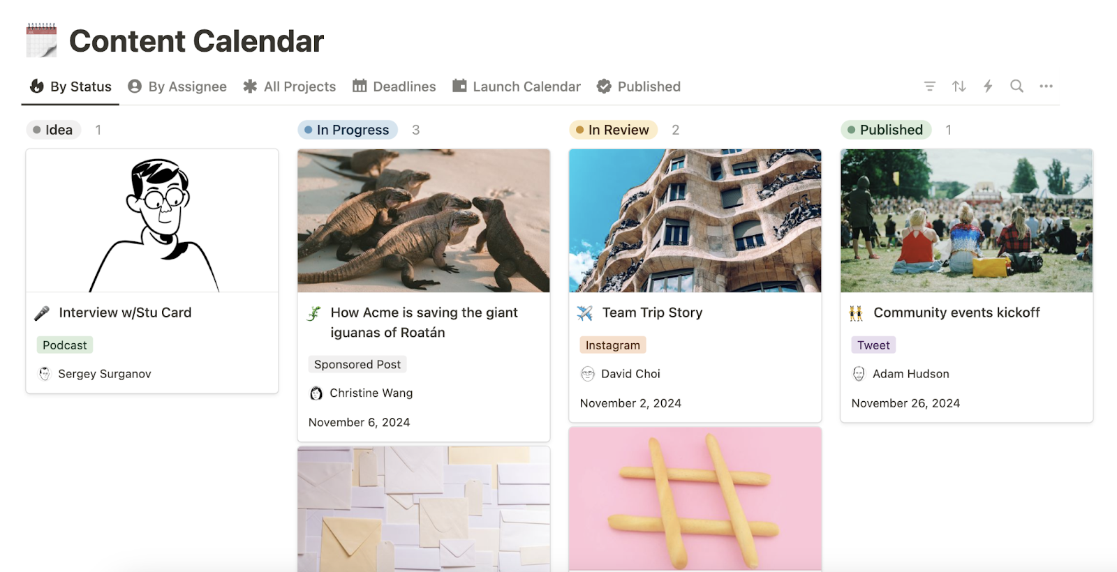 A Guide to Content Calendars (+ Free Templates for Making One) 14 Notion content calendar has cards in columns like Idea, in progress, in review, and published with colorful tags noting the type of content